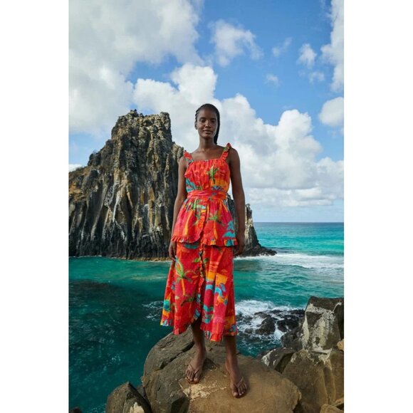 FARM Rio Midi Dress XL Red Ipanema Ruffle Sleeveless Tropical Resortwear - Picture 15 of 15